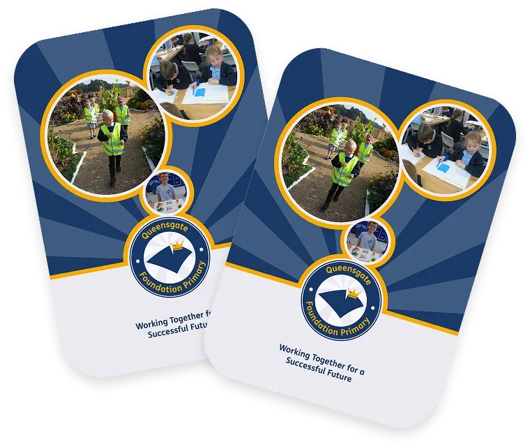 Two overlapping blue flyers with circular photos of people in outdoor and classroom settings, a central badge, and the slogan 'Working Together for a Successful Future'.